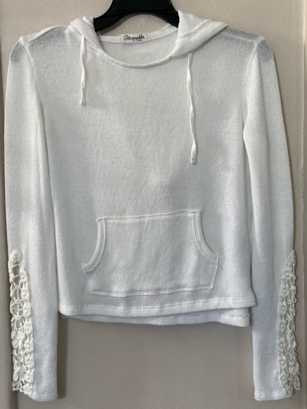 Aeropostale White Hooded Knit Sweater with Crochet Sleeve Detail
